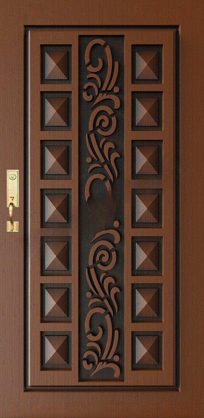 Doors - SKY-94 Modern Geometric and Floral Carved Wood Door 3D Model